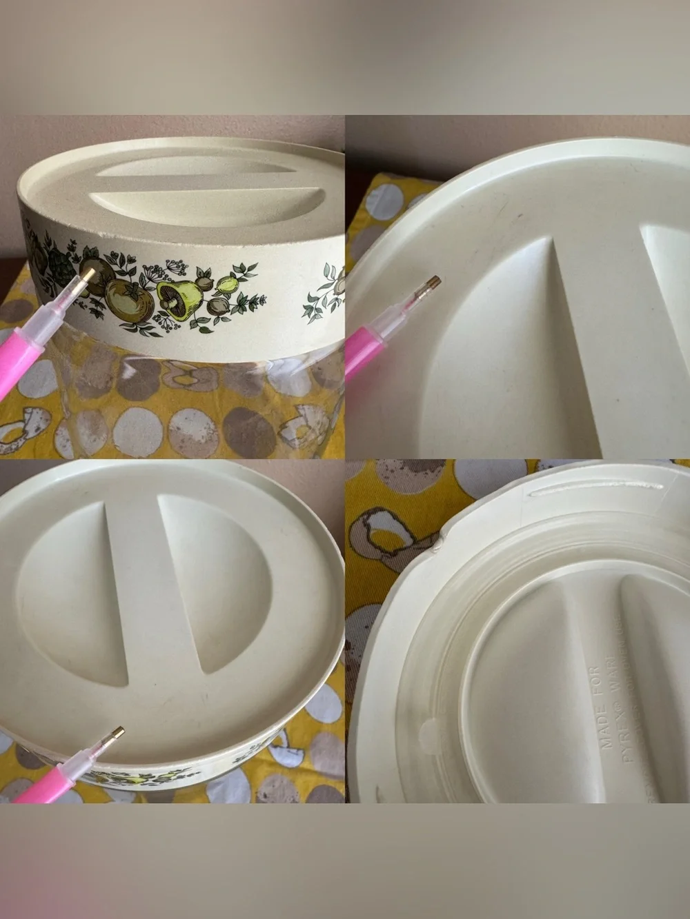 Vintage Pyrex Spice of Life circular storage canister with lid